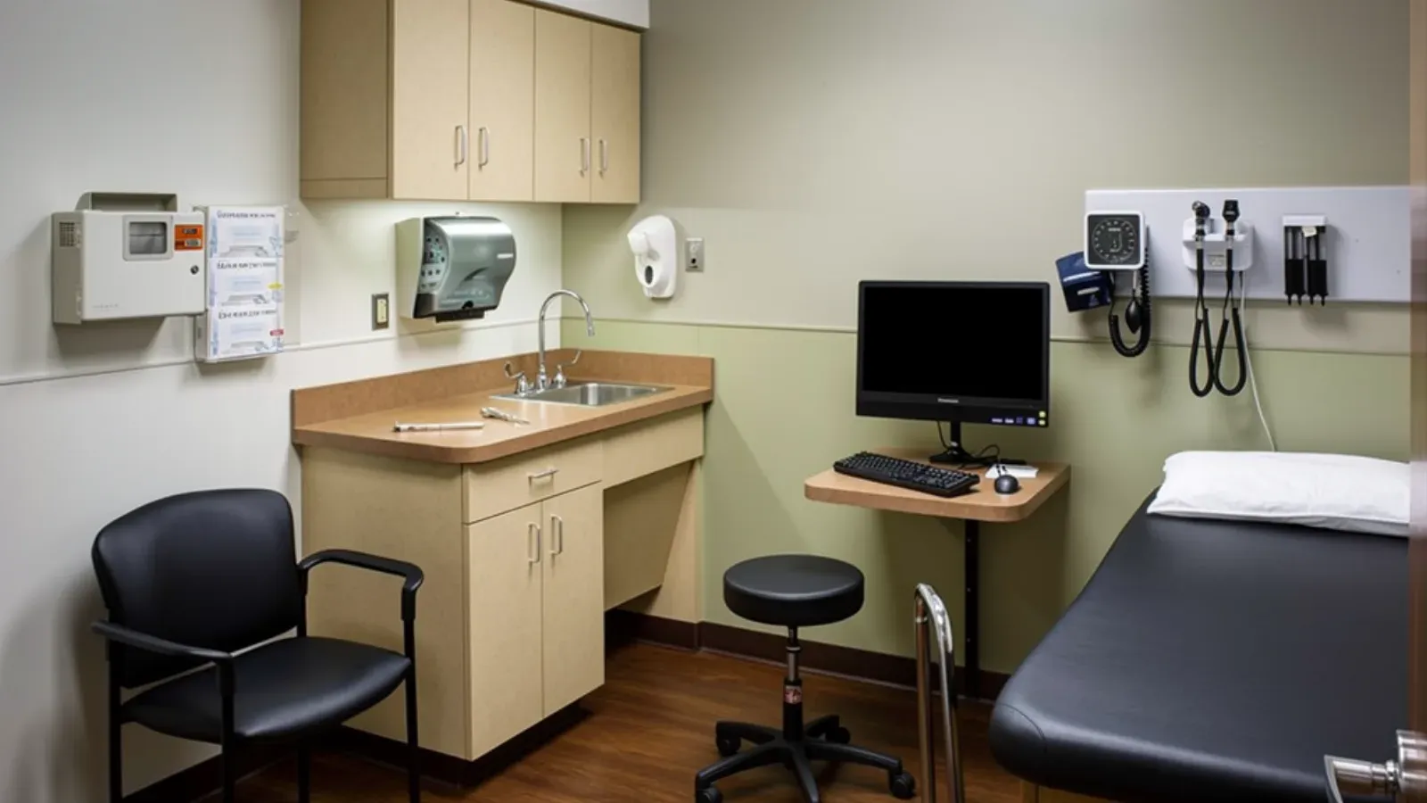 A medical exam room with upper cabinetry, a sink counter, wall-mounted diagnostic instruments and a computer monitor