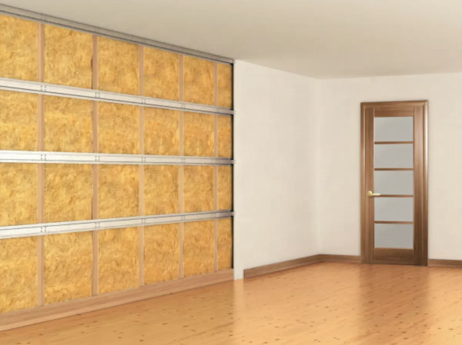 Empty room with one wall framed in steel studs and packed with batt insulation between the channels, before the drywall layer goes on, beside a finished white wall and a wood interior door